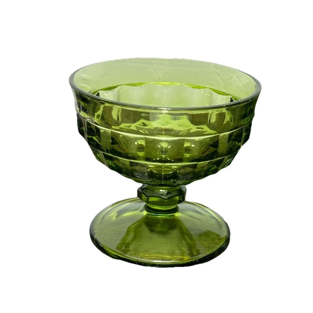 Green Glass Dessert Goblets Footed Cubist Bowls Mid Century VTG Indiana Glass